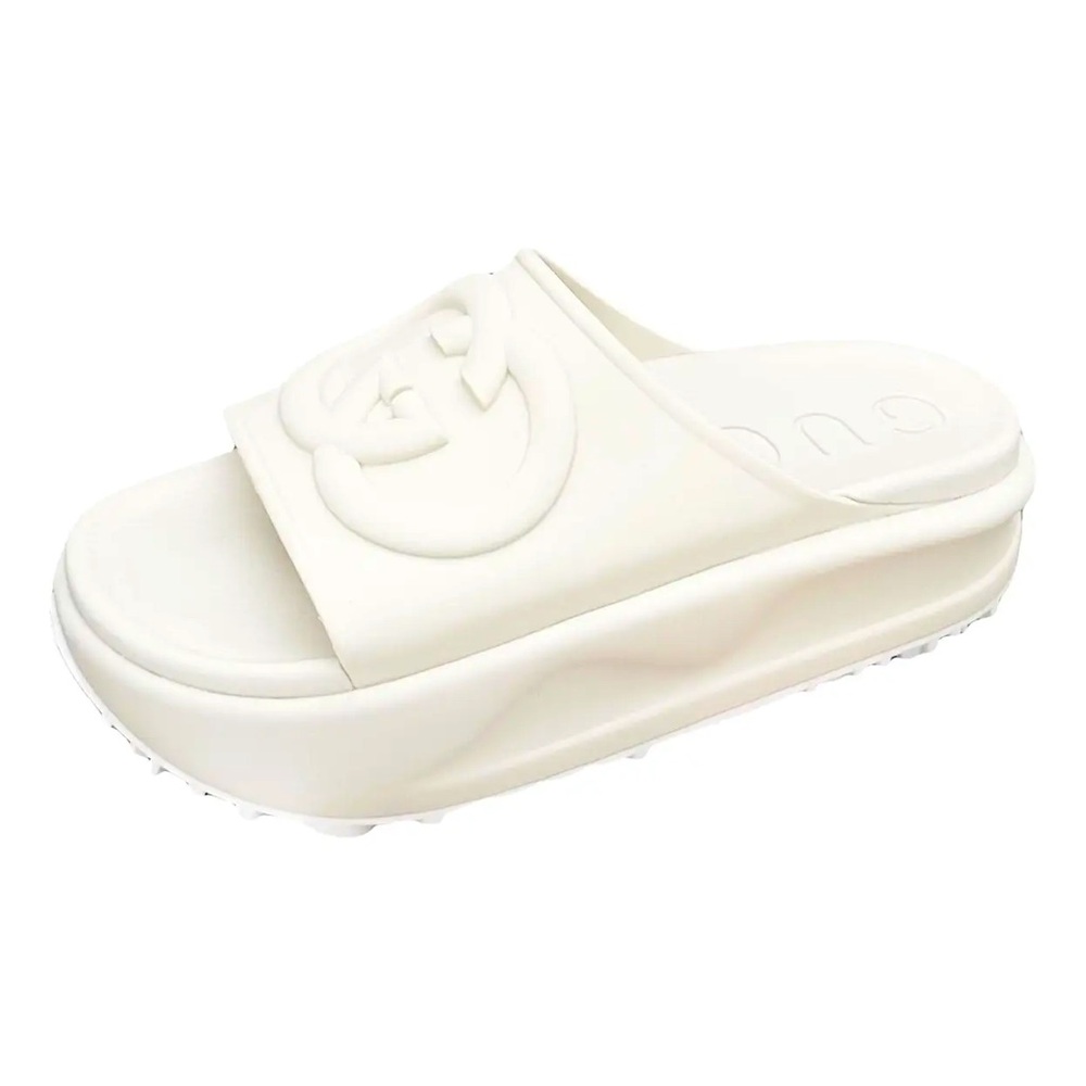 New Gucci GG double G interlock G rubber platform off white slides sandals
